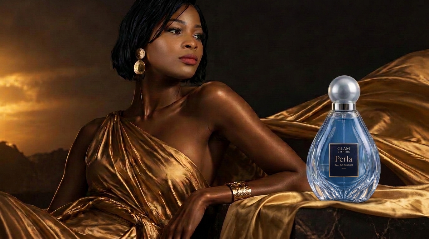 Glam Empire founder in gold silk beside the blue Perla perfume bottle