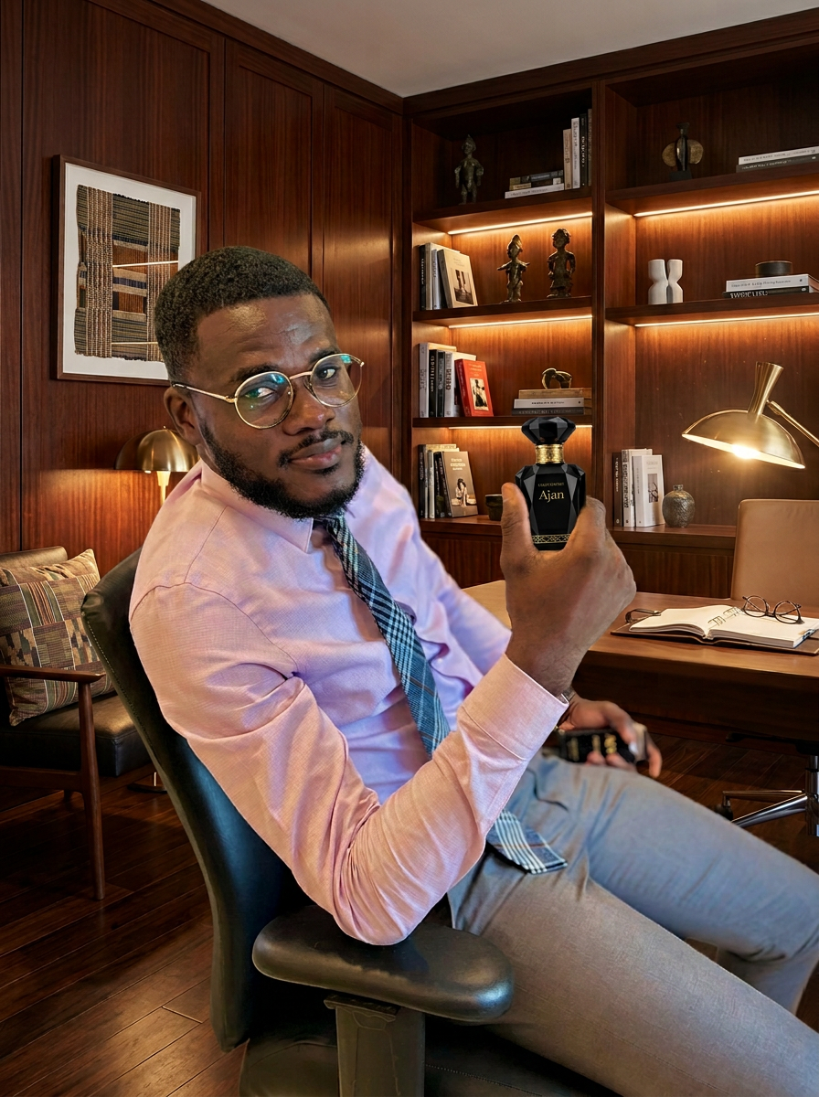 Man holding Ajan fragrance in a warm contemporary office
