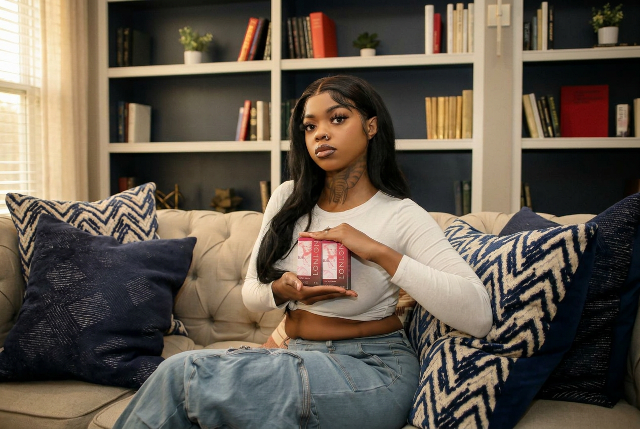 Woman relaxing at home with Lonlon fragrance packages