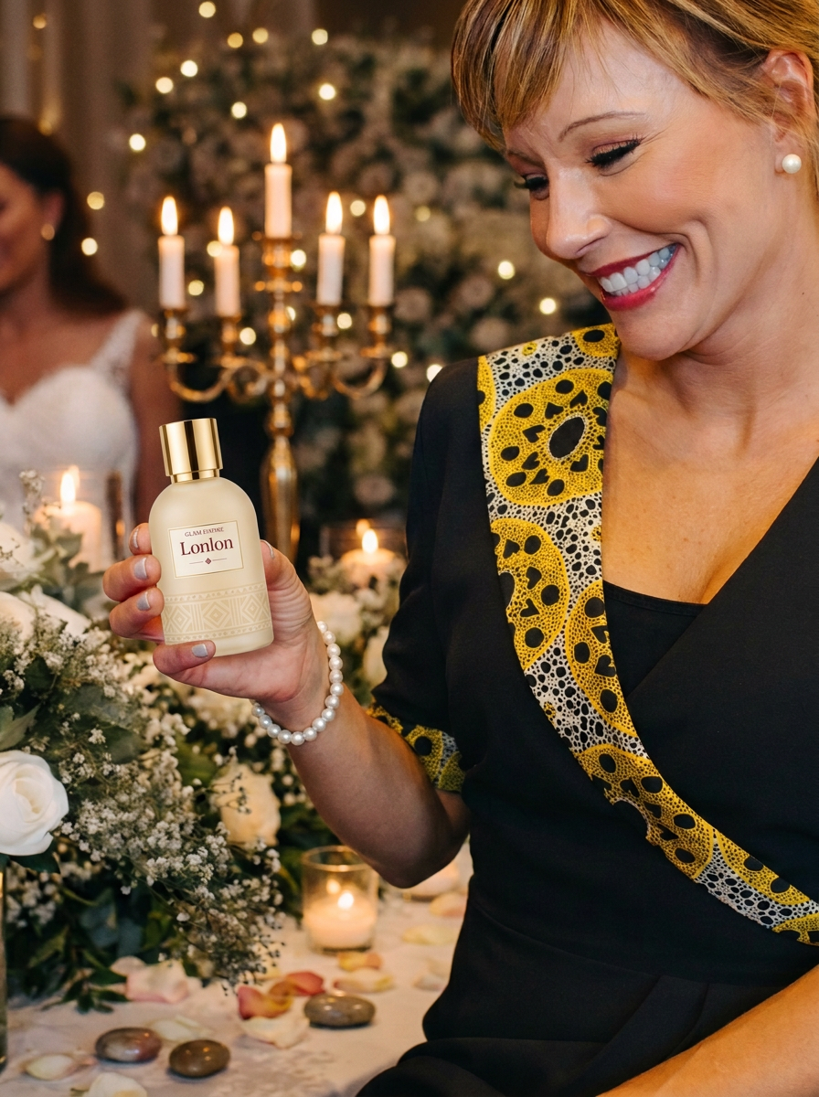 Woman holding Lonlon fragrance at an elegant candlelit wedding reception